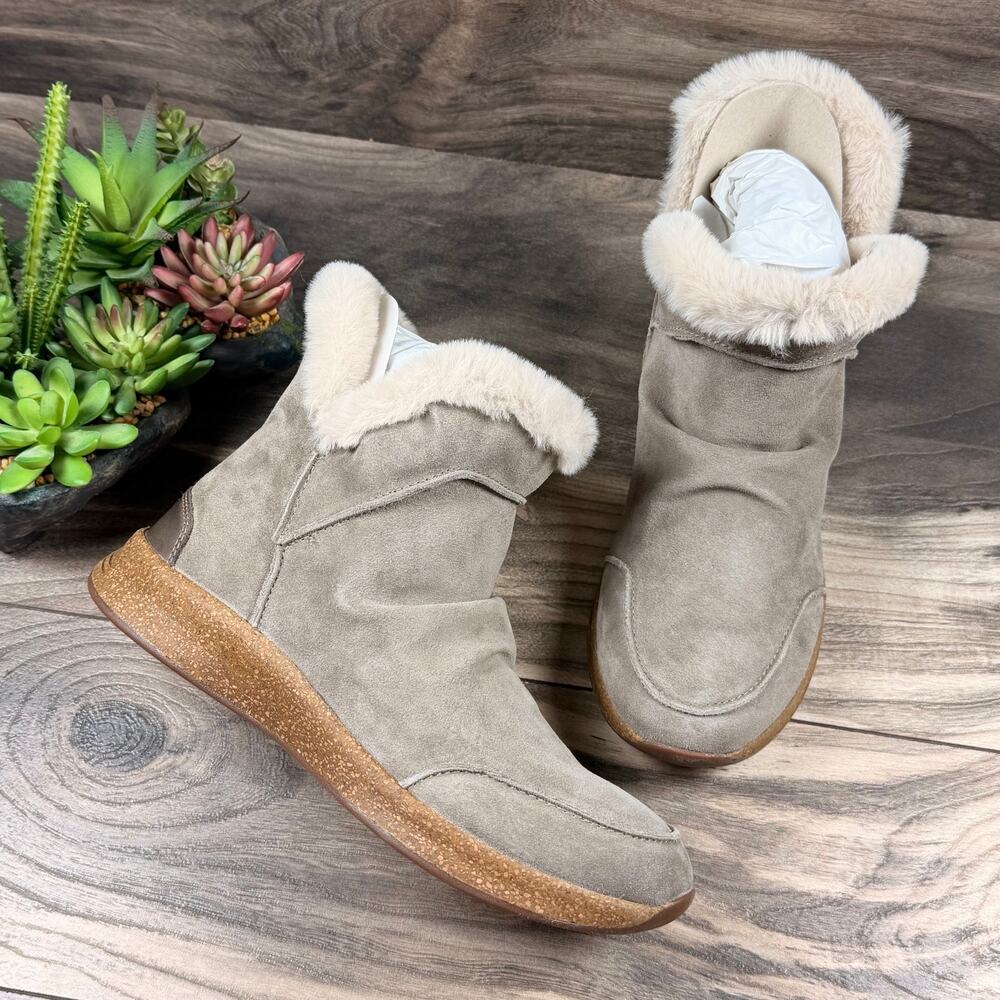 NIB Taos Future Mid Ankle Boots Bootie 8M Dark Taupe Suede Faux Fur Lined